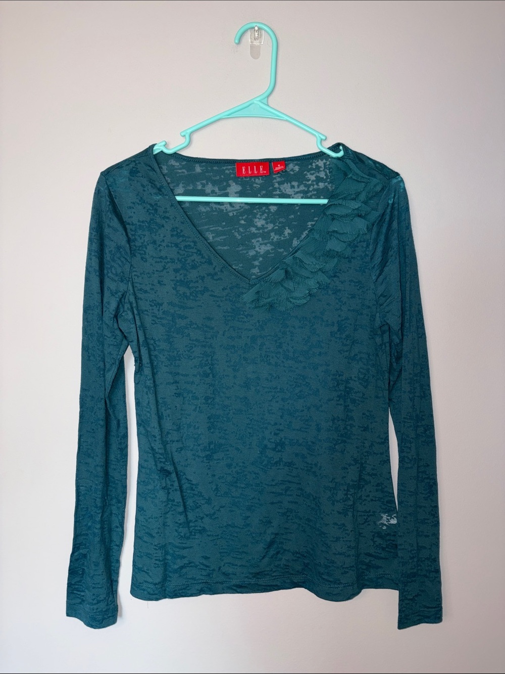 ELLE Teal V-Neck Long Sleeve Top with Ruffle Accent Small